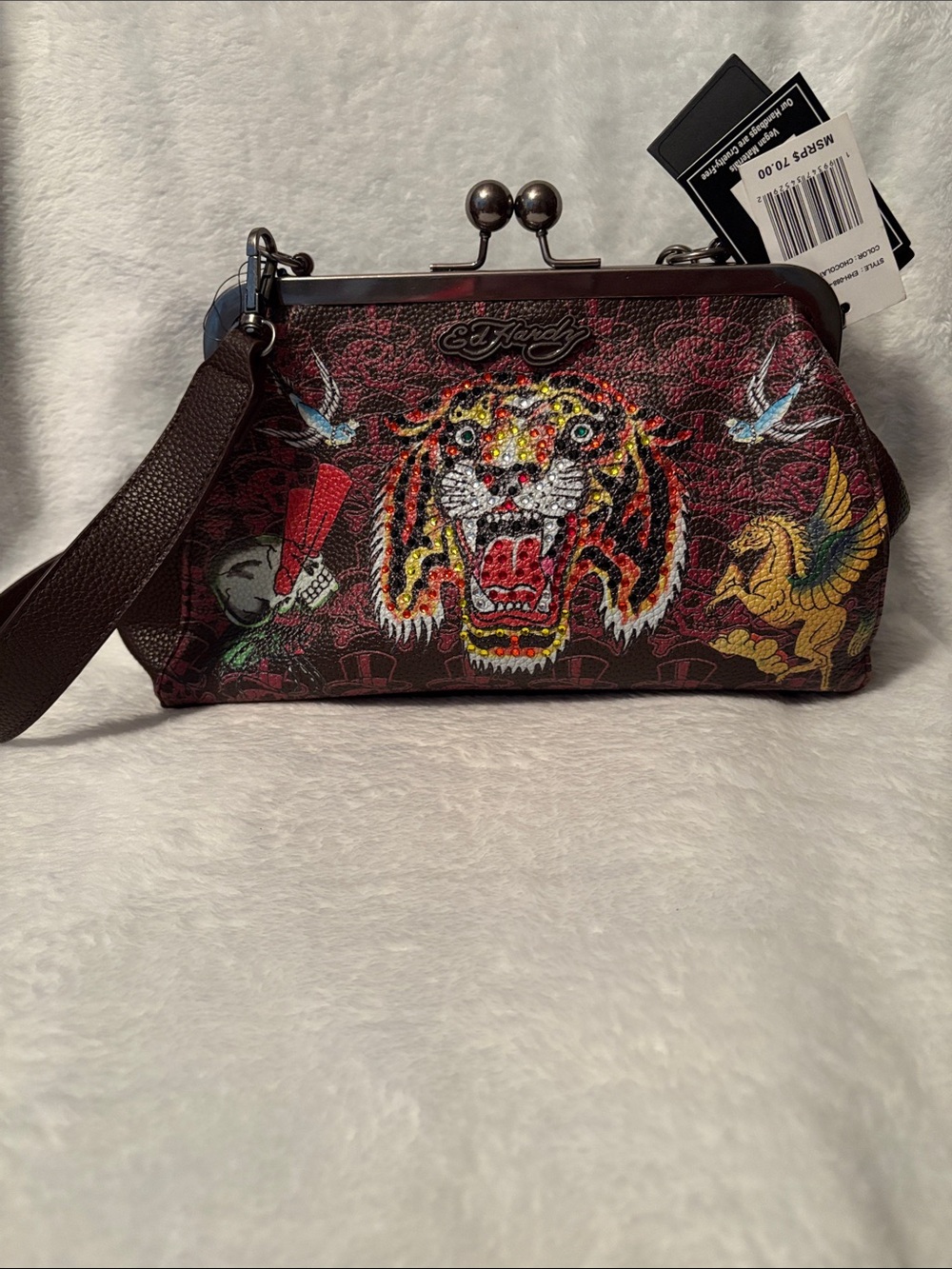 Ed Hardy Burgundy Red Tiger Embroidered Frame Clutch